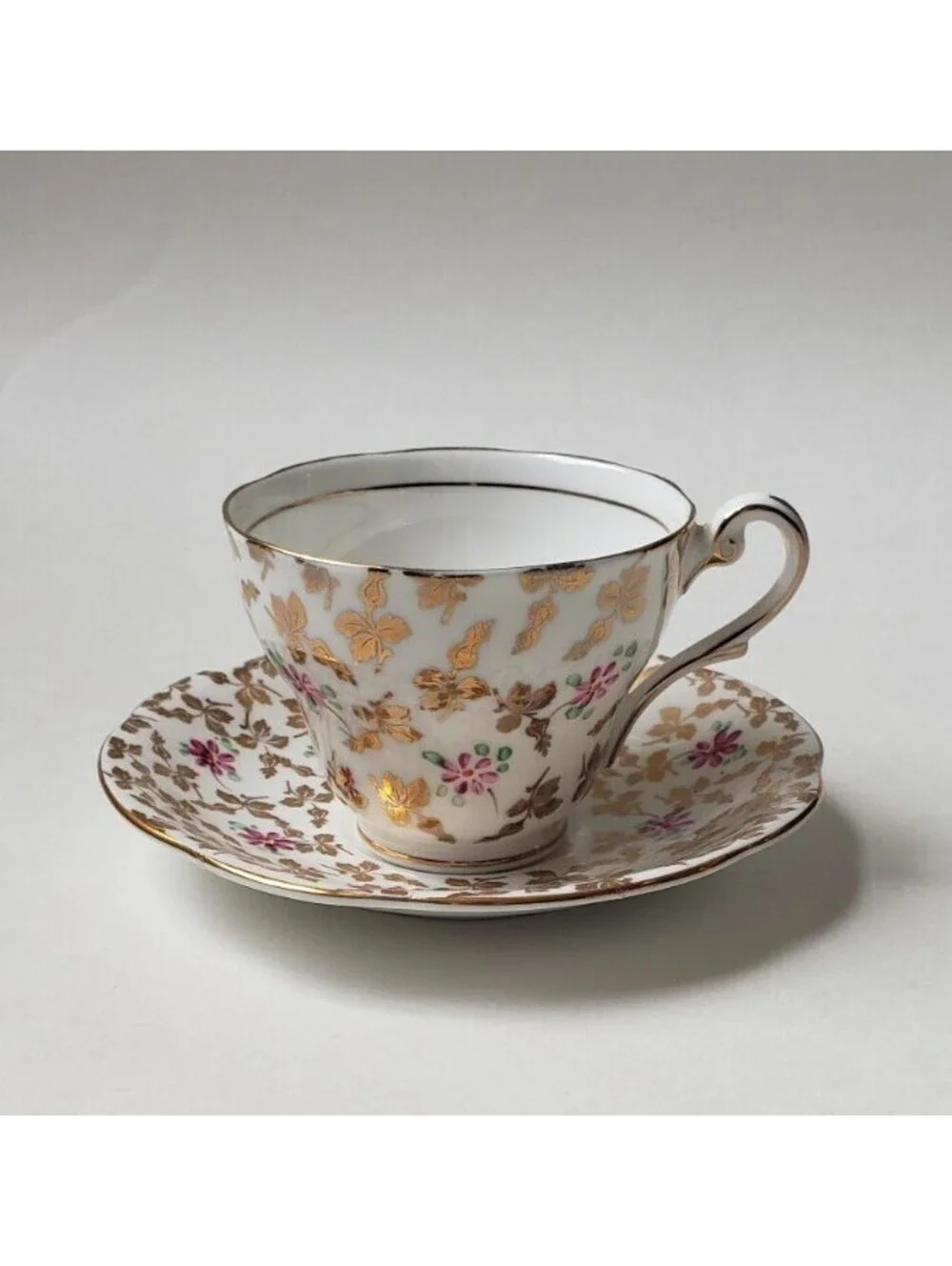 Vintage ROYAL STANDARD Tea Cup Saucer Bone China England Gold Leaves Pink Flower